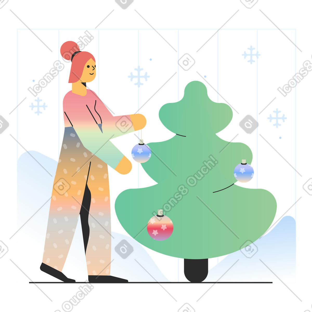 Ilustración Woman decorates Christmas tree en estilo Marginalia a descargar en PNG y SVG