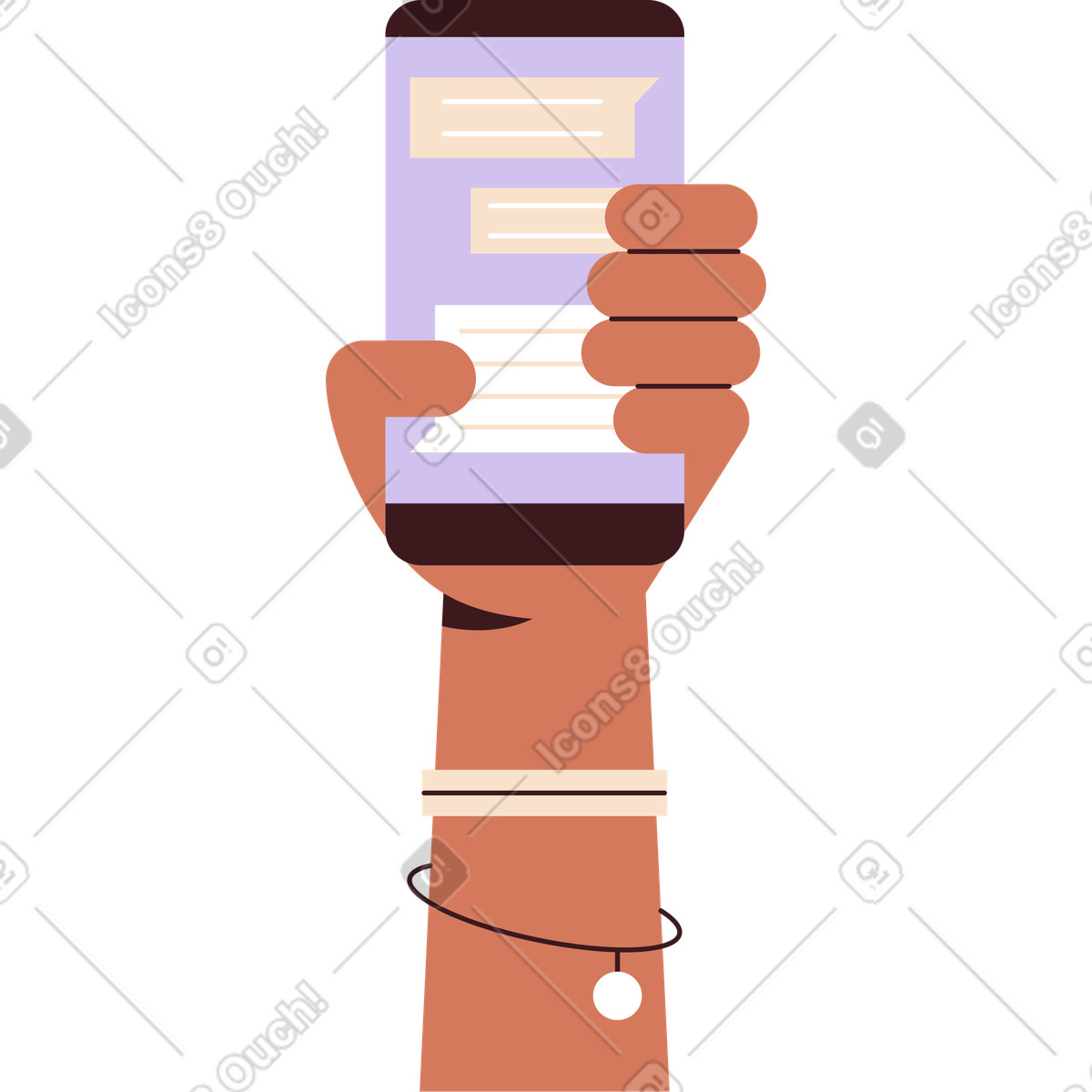 Female hand holding mobile phone illustration in Folks style download in PNG, SVG