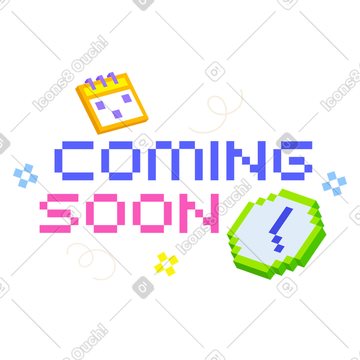 下载 8bit 风格的 Pixel style coming soon lettering with calendar and clock, Launch announcement or release countdown 插画，支持 PNG、SVG 格式