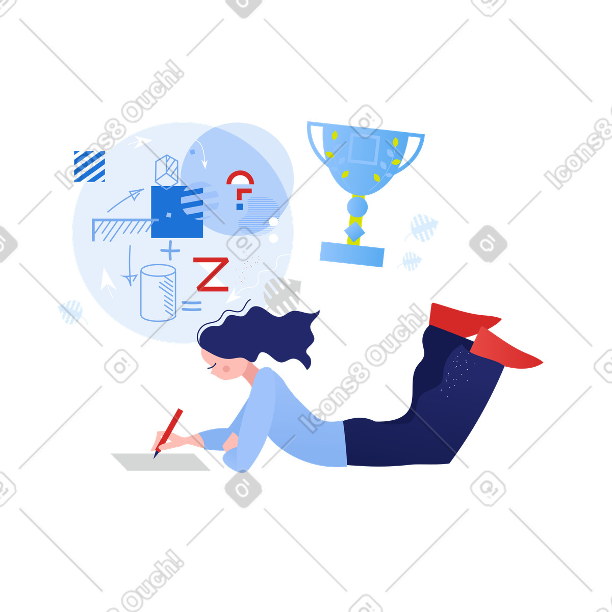 Studente che si prepara per le olimpiadi di matematica e sogna il premio illustrazione in stile Clip scarica in PNG, SVG