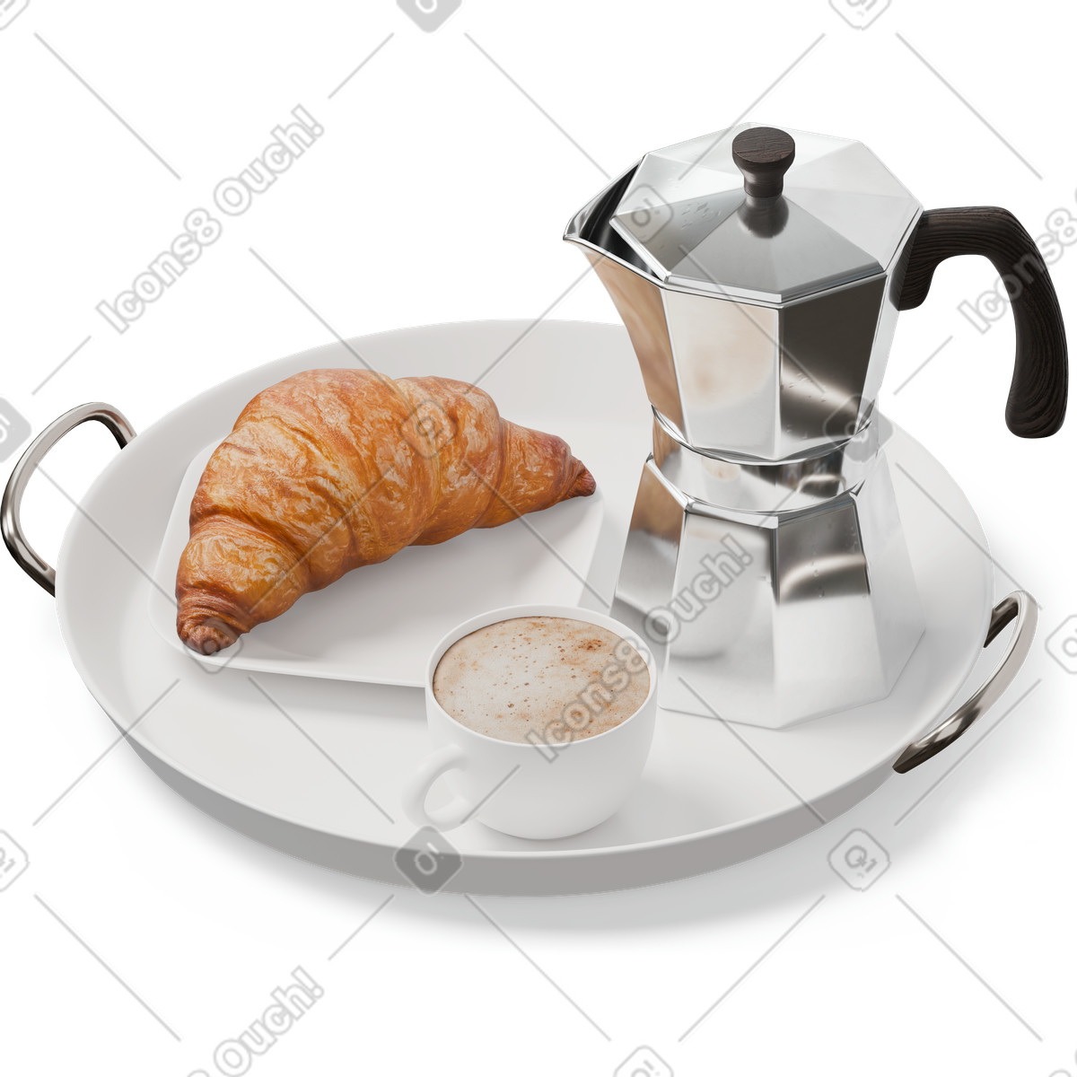 Isometrische ansicht von tablett moka-kanne, tasse und croissant-Illustration im 3D Hygge-Stil als Download in PNG, SVG