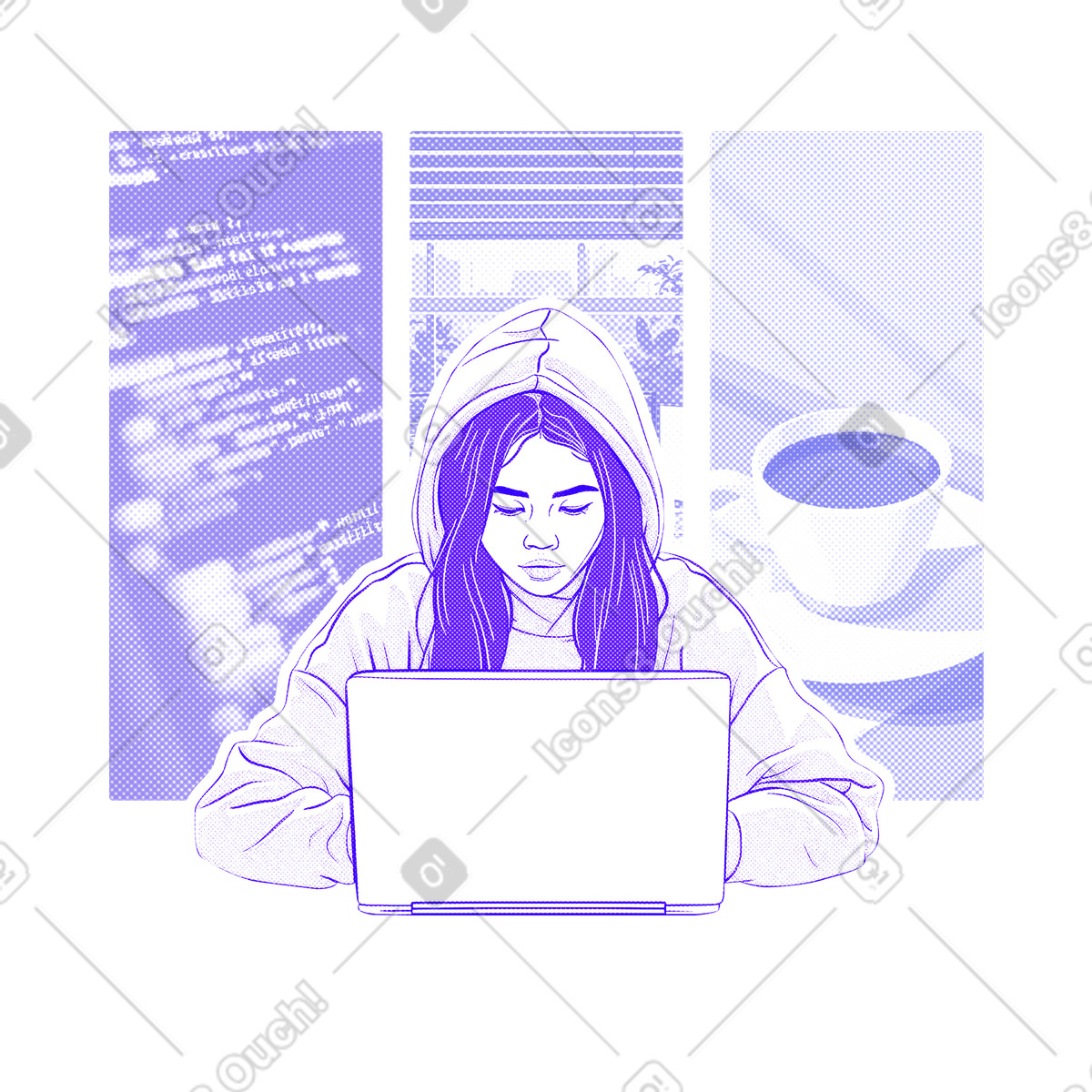 Ilustração de Jovem trabalhando em casa, codificando no estilo Halftone para baixar PNG, SVG
