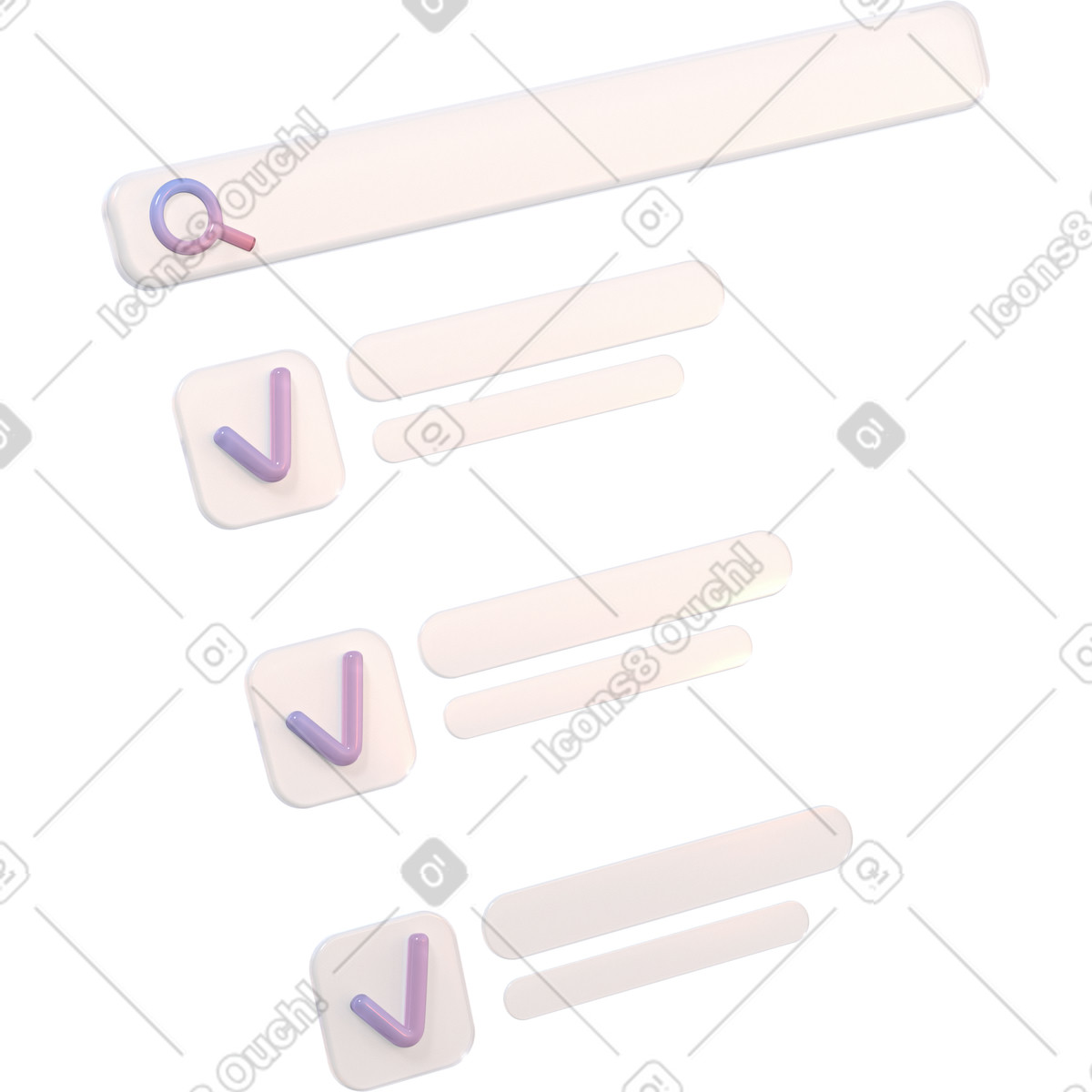 Illustration Search bar and three checkboxes dans le style 3D Glassy à télécharger aux formats PNG, SVG