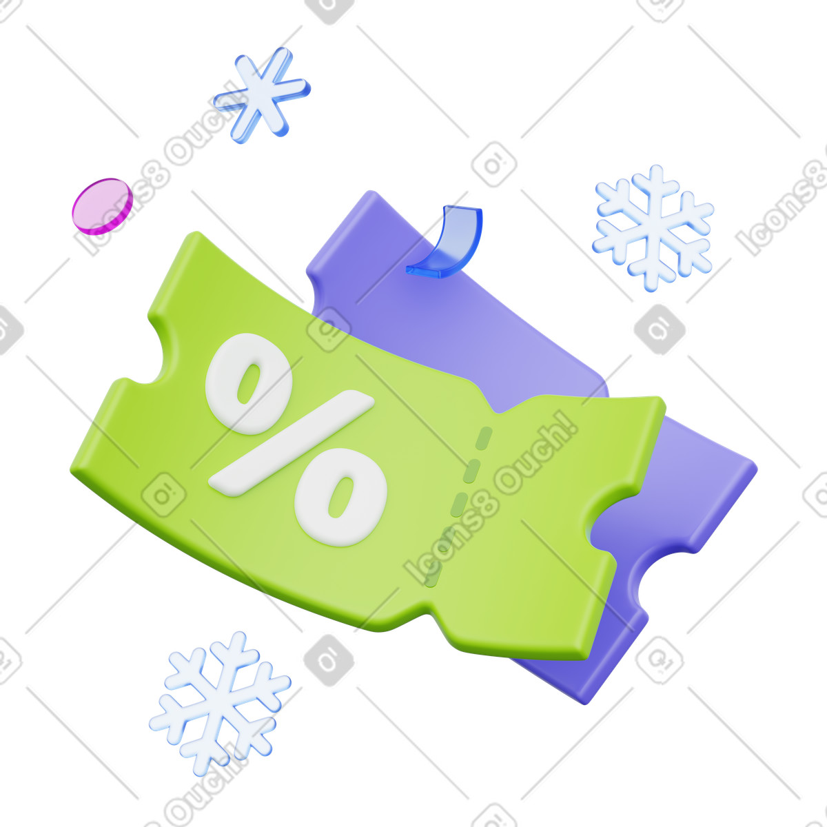 Prozentgutschein mit schneeflocken, saisonale rabattaktion-Illustration im 3D Playful-Stil als Download in PNG, SVG