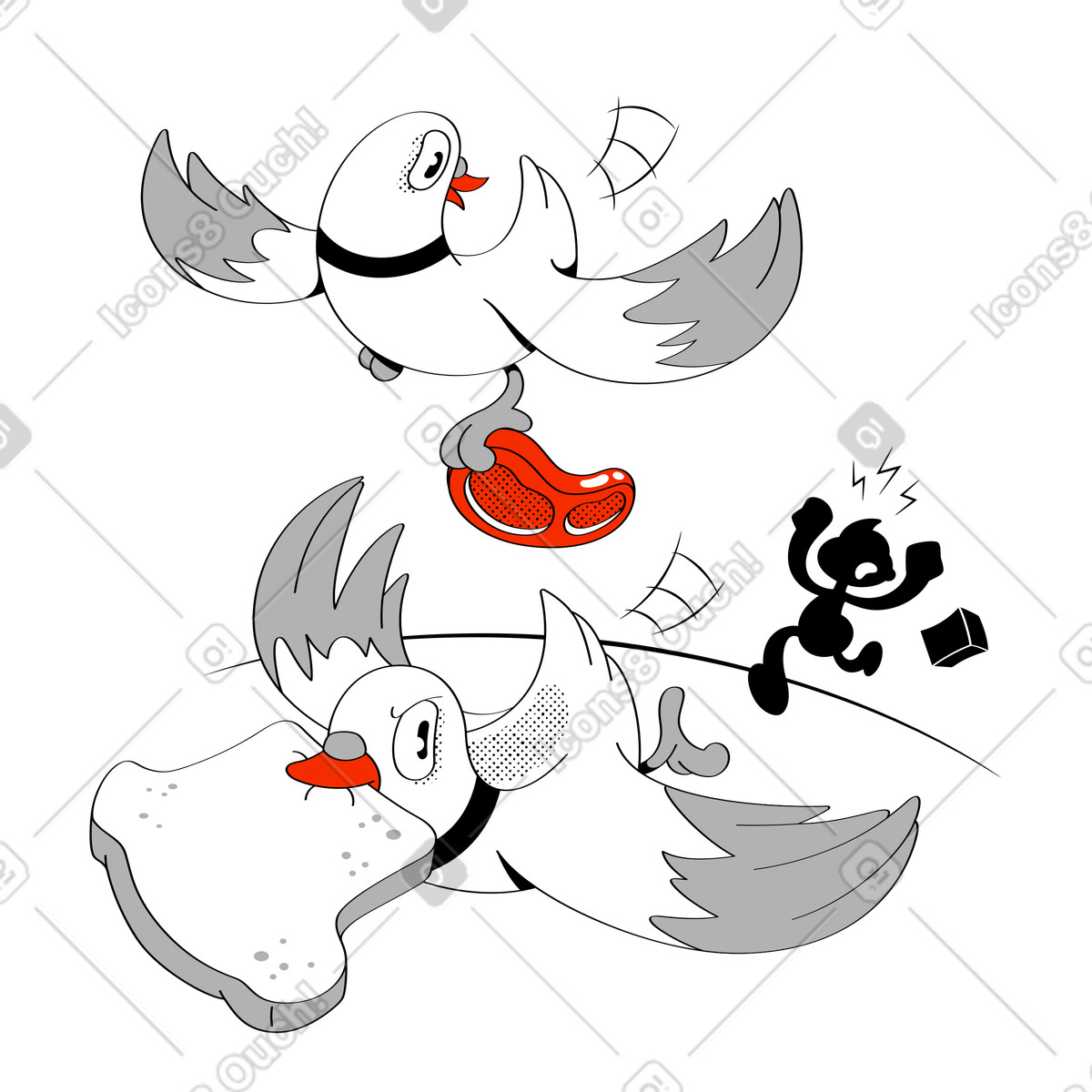 Looney スタイルの ハムサンドイッチを盗むハト のイラストをPNG、SVG形式でダウンロード