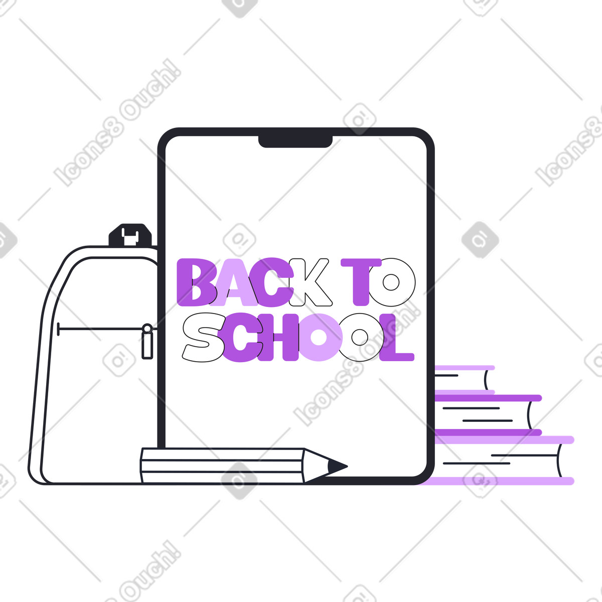 Backpack, books, tablet, and pencil, Back to school preparation illustrazione in stile Grapy scarica in PNG, SVG