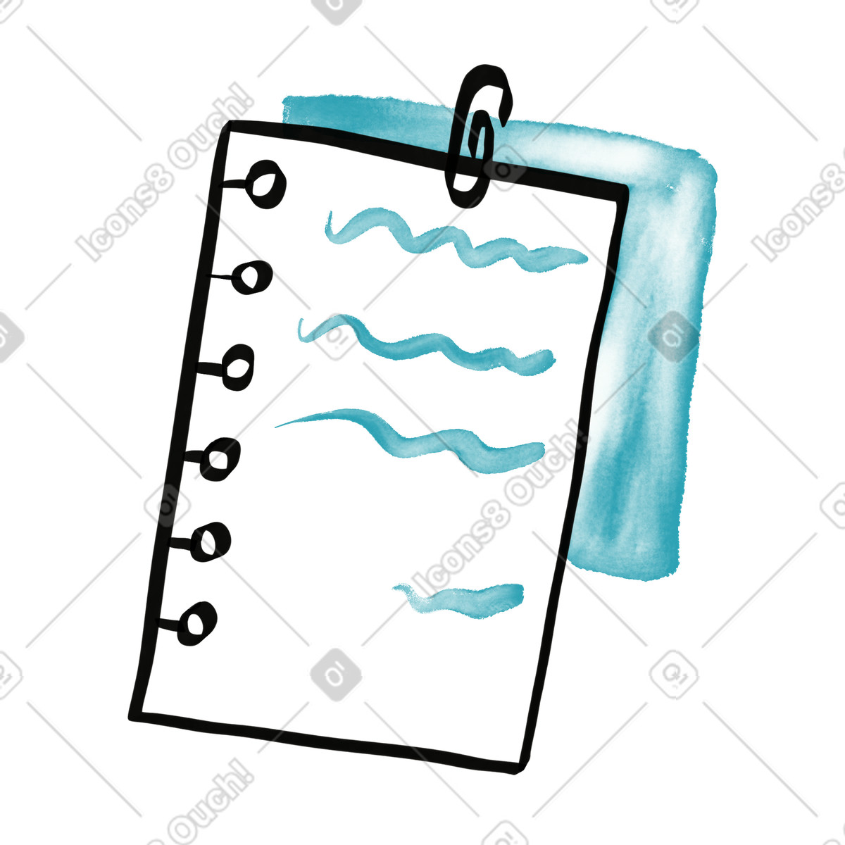 Paper clip holding lined notebook page with blue watercolor accent illustrazione in stile sketch scarica in PNG, SVG