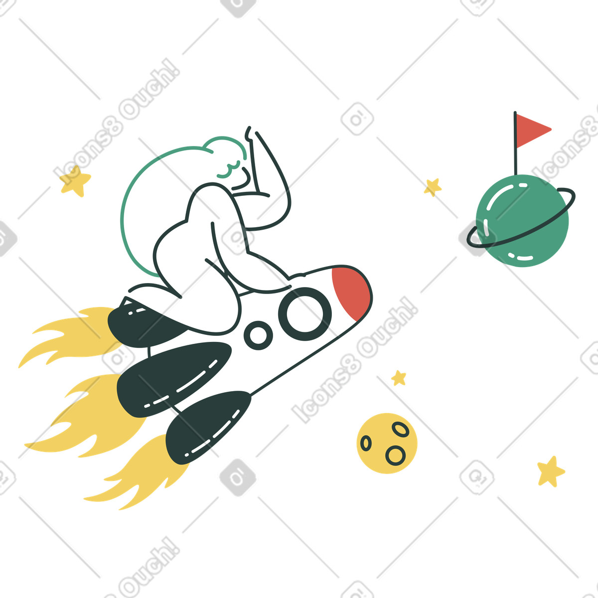Macaroni スタイルの Space traveler flying toward planet with flag のイラストをPNG、SVG形式でダウンロード