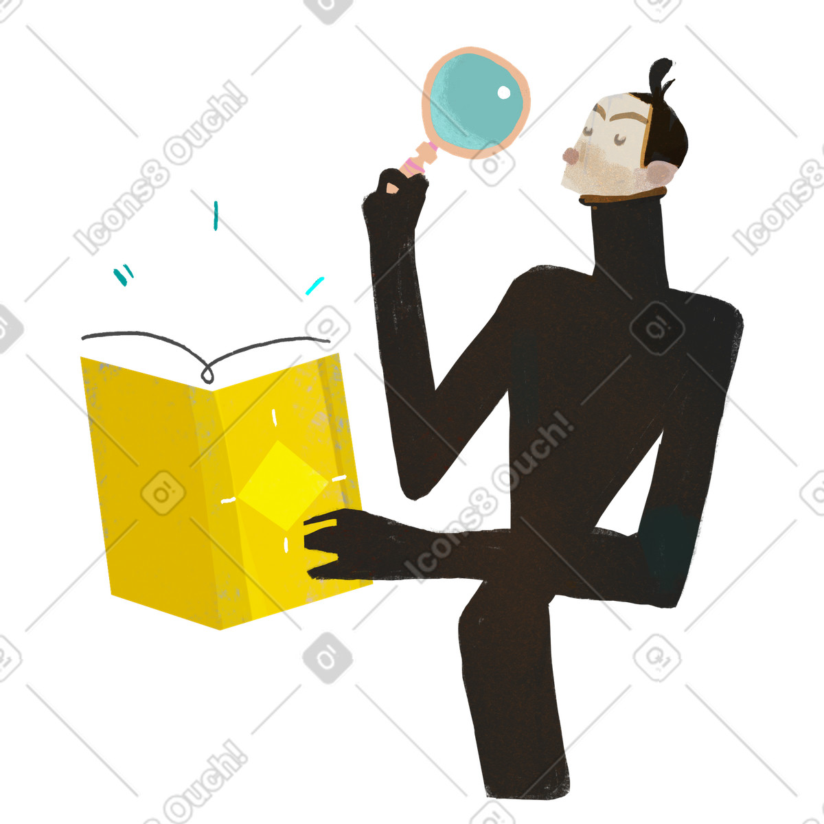 Man with magnifying glass looking for something in book illustration Fabulous style download PNG, SVG