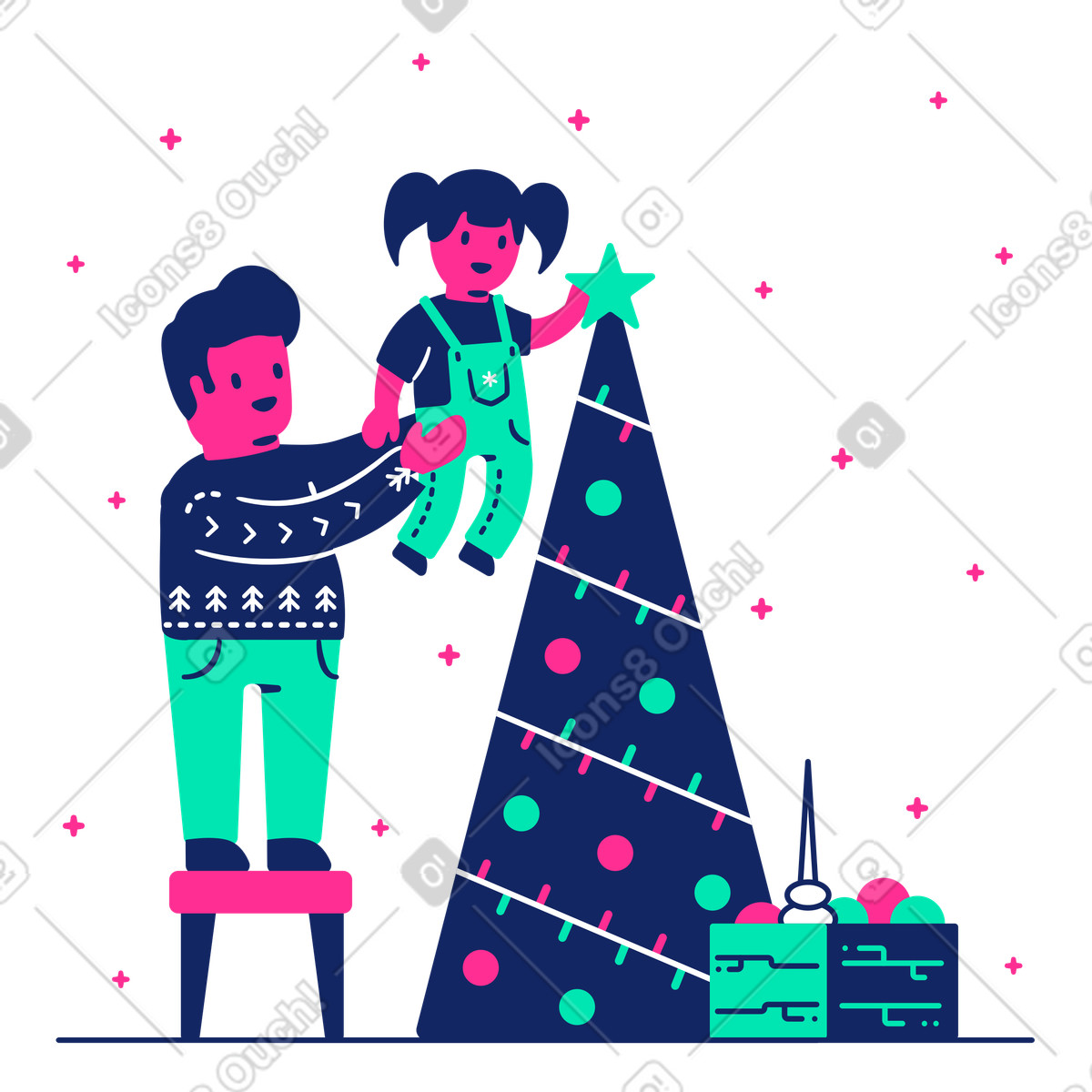 Ilustración Family decorating tree with ornaments, Christmas celebration at home en estilo Cyborg a descargar en PNG y SVG