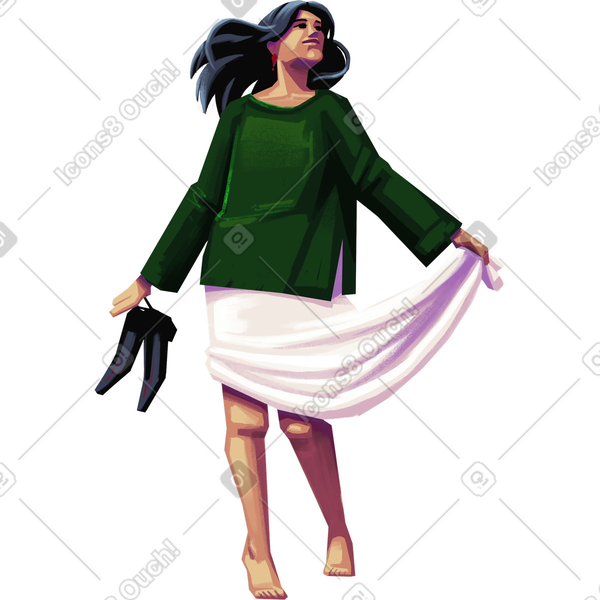 Illustration Woman walking and holding her shoes a skirt dans le style Lush à télécharger aux formats PNG, SVG
