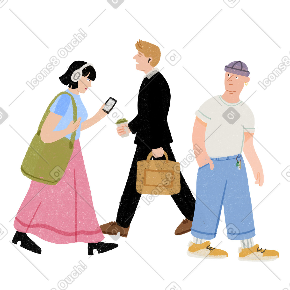下载 Public 风格的 Three people walking around 插画，支持 PNG、SVG 格式