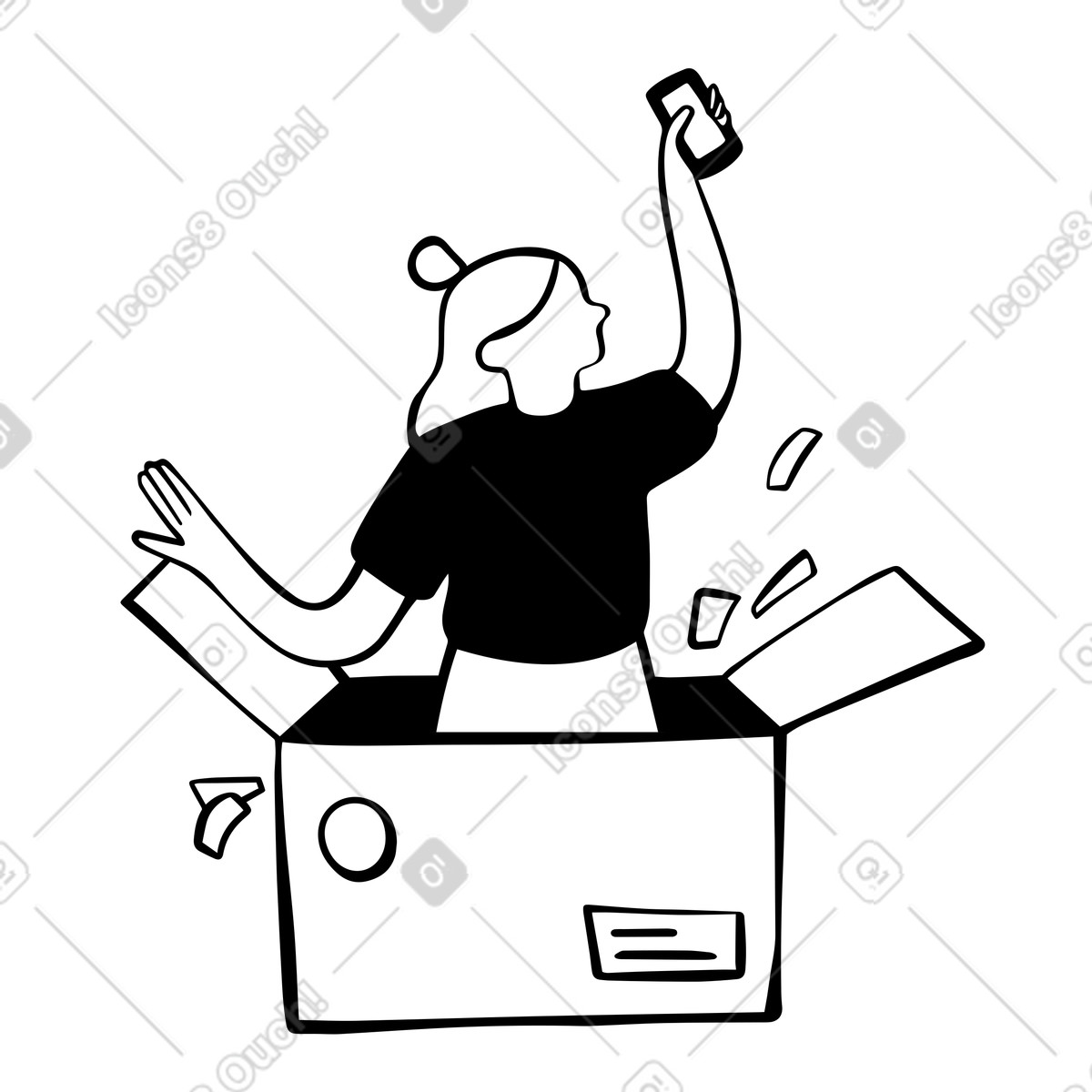 Illustration Femme déballant un nouveau smartphone dans le style Journal à télécharger aux formats PNG, SVG