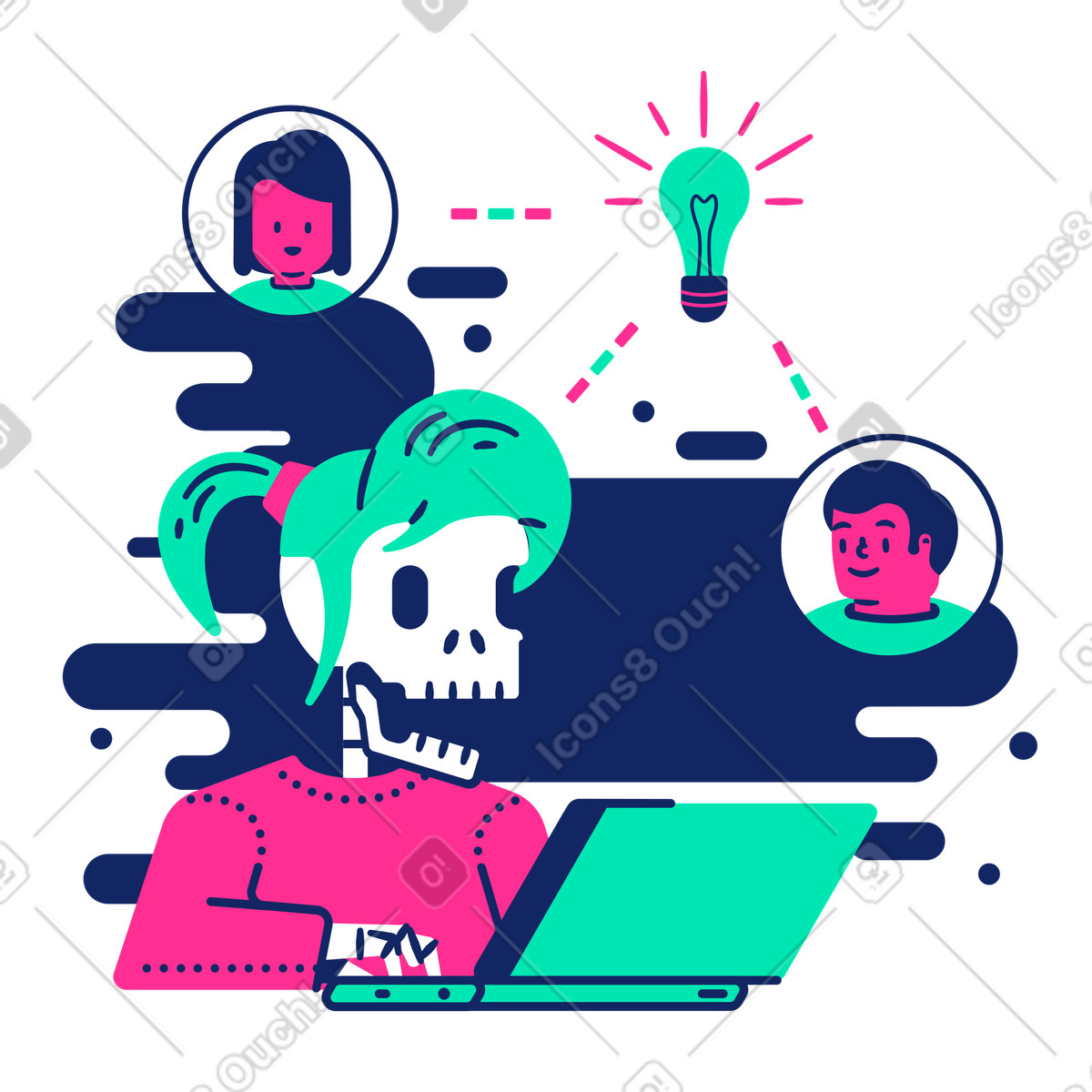 Skeleton character working on laptop with virtual team, remote teamwork and online meeting illustration in Cyborg style download in PNG, SVG