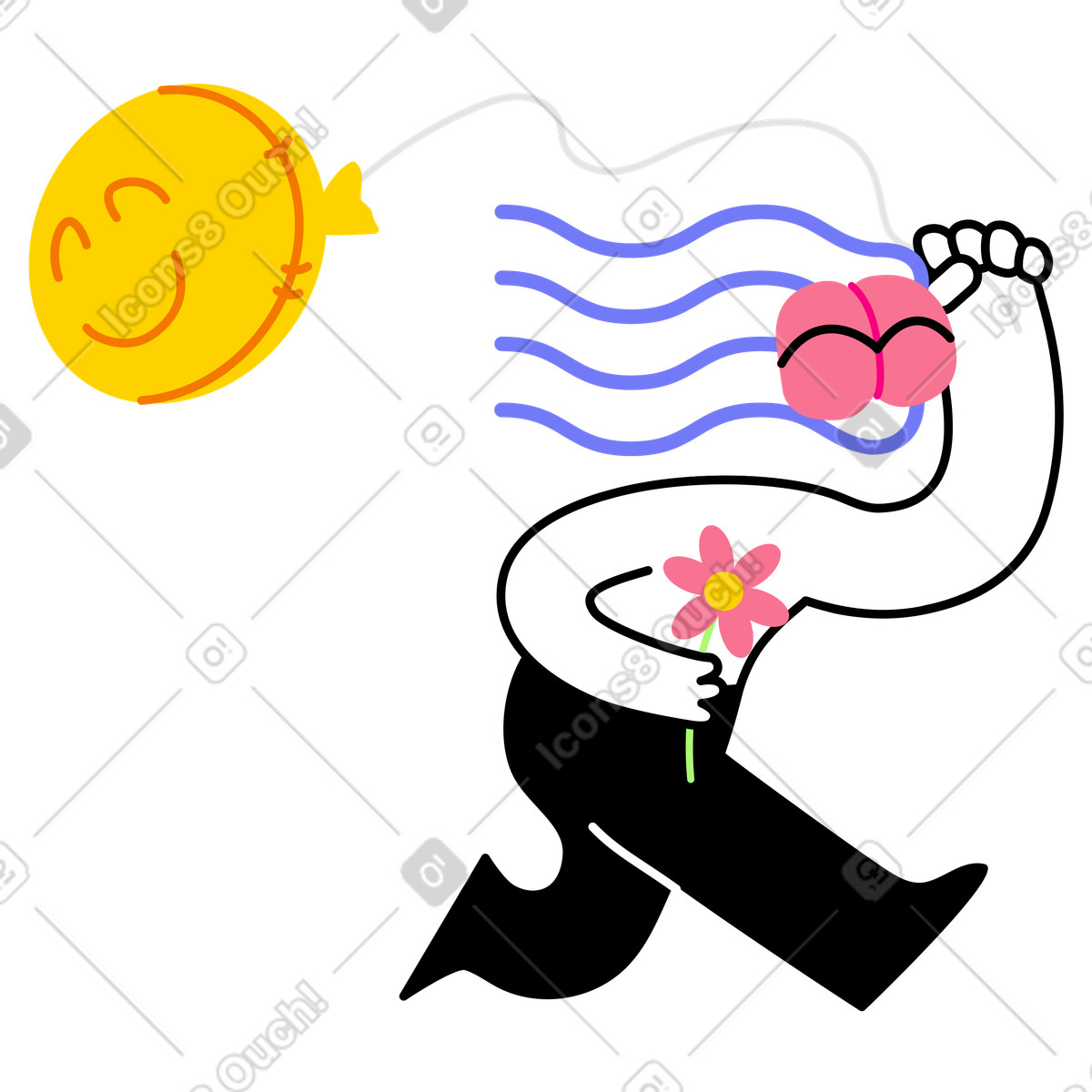 Illustration Personnage tenant une fleur et un ballon, sensibilisation à la santé mentale au bien-être émotionnel dans le style Giggle télécharger aux formats PNG, SVG