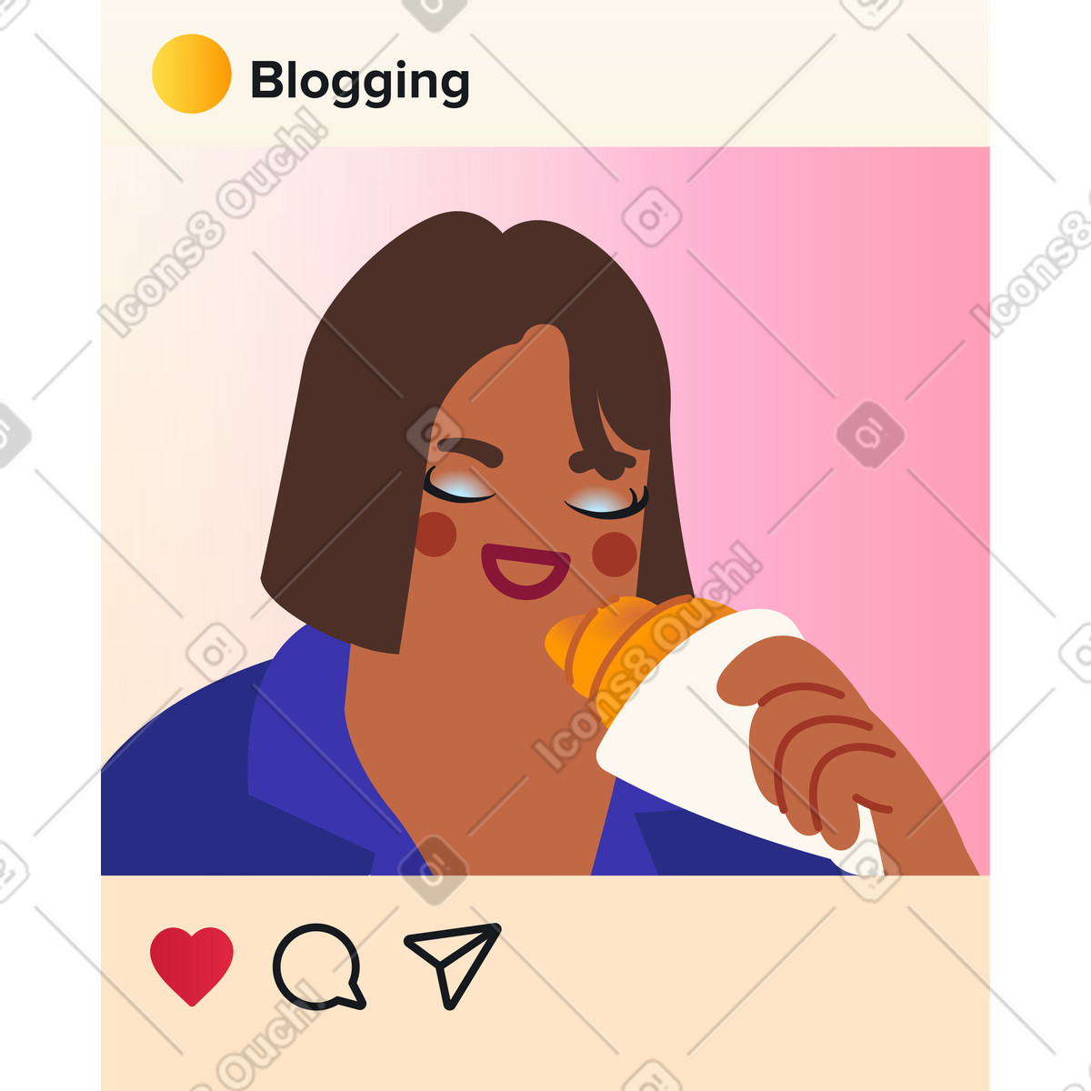 Post mit bild einer frau, die croissant isst-Illustration im Fizzy-Stil als Download in PNG, SVG