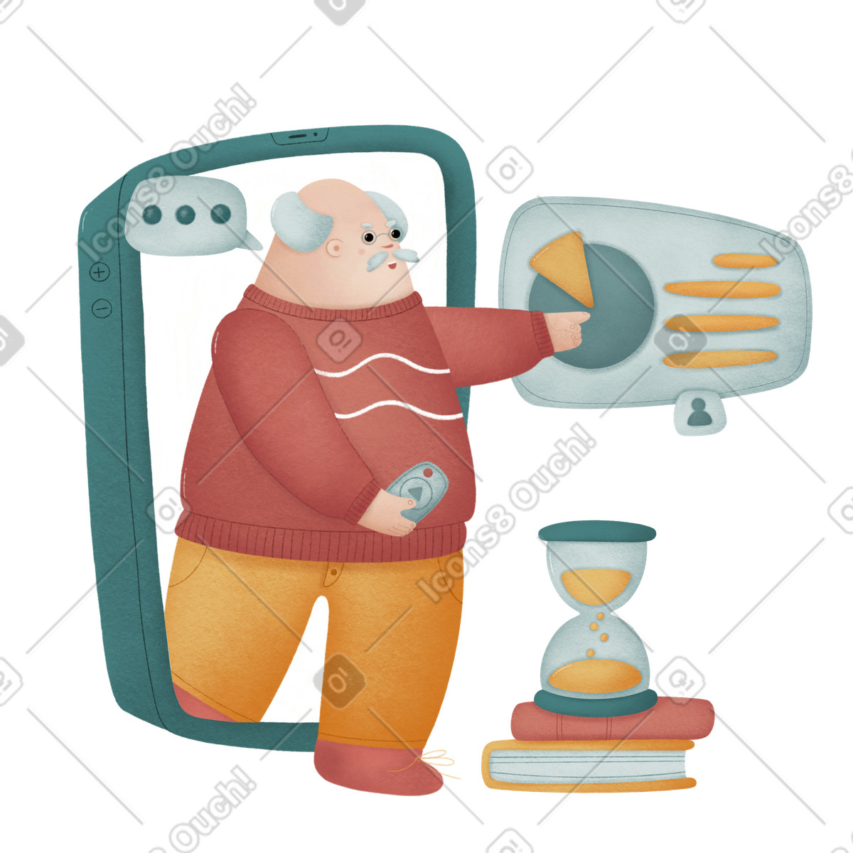 Elderly man studying online with smartphone illustration clipart images and graphics