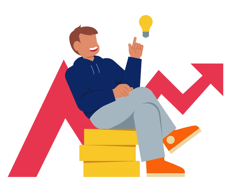 A man sitting on boxes with a light bulb - Catchy style illustration