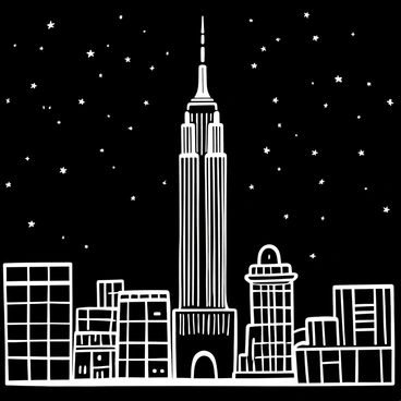The "Empire State Building" towering above the surrounding cityscape, with its distinct Art Deco architecture prominently displayed. The building is illuminated by bright lights, casting shadows on the streets below. A vast "starry night sky" filled with numerous twinkling stars stretches above, creating a striking contrast against the structure. The scene captures the grandeur and scale of the building in relation to the expansive sky above.