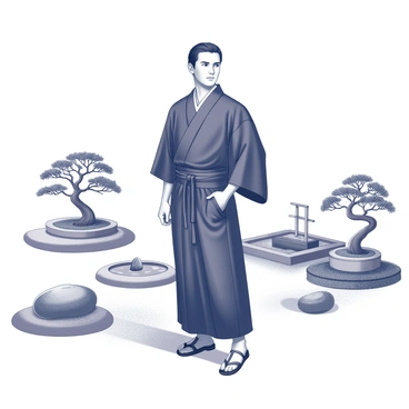 A portrait of a man dressed in traditional Japanese attire, featuring a dark kimono and a hakama. He stands confidently in the center of a Zen garden. Surrounding him are meticulously raked pebbles and strategically placed stones, creating a sense of harmony and balance. In the background, there are carefully pruned bonsai trees and a small bamboo water feature. The man's expression is serene as he gazes thoughtfully into the distance.