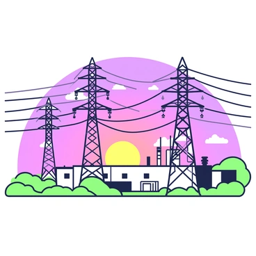 A large power station is depicted with multiple tall facilities. Towering electricity pylons rise prominently in the foreground, their structures spreading outwards, connecting to high-voltage lines that stretch across the scene. The sky is filled with vibrant hues as the sun sets in the background, creating a dynamic visual contrast with the power station. The setting sun casts elongated shadows of the pylons on the ground, enhancing the overall sense of scale and architecture in the image.
