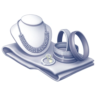 A close-up view of traditional Indian bridal jewelry displayed elegantly. The image features an intricately designed necklace adorned with detailed patterns and gemstones. Several ornate bangles are stacked together, showcasing various textures and embellishments. A delicate maang tikka rests gracefully on a fabric backdrop, its intricate centerpiece catching the light. The arrangement highlights the intricate craftsmanship of each piece, emphasizing the cultural significance and beauty of the jewelry.