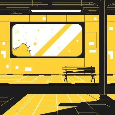 A single ray of light streaming through a cracked window in an empty subway station. The floor is covered in dark tiles, and the walls show signs of wear with fading advertisements. The light from the window creates a stark contrast, illuminating dust particles floating in the air. Shadows stretch across the platform, highlighting the emptiness of the space. A bench sits abandoned, and graffiti is visible on the walls, adding to the atmosphere of neglect.
