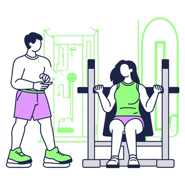 A fitness trainer is demonstrating the lat pulldown exercise to a beginner at a gym. The trainer, with short hair and wearing a fitted athletic top and shorts, is standing beside the lat pulldown machine. The machine features a wide bar that is attached to a weight stack. The beginner, who is seated on the machine, is holding the bar with both hands, looking focused on the trainer's instructions. The background includes gym equipment along the walls and mirrors reflecting the scene. The lighting is bright, highlighting the trainer's form and the beginner's concentration.