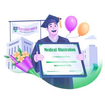 A proud graduate standing with a smile, holding a "Medical Illustration Degree Certificate" framed in a modern style. The graduate is wearing a traditional black graduation gown and a cap adorned with a tassel. Around the graduate are colorful balloons and a bouquet of flowers in soft pastel colors. In the background, there are hints of university architecture, such as a stone building and a banner displaying the university's crest. The atmosphere conveys a sense of achievement and celebration.