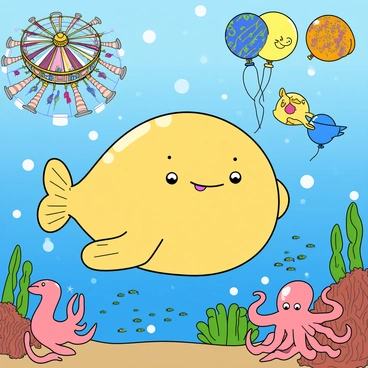 A blobfish with a round, bulbous body and a large smiling mouth is floating in the water, surrounded by vibrant bubbles. The background features an underwater carnival, complete with a swirling carousel made of seashells and colorful corals. Various colorful fish-shaped balloons are drifting around, showcasing hues of blue, yellow, and pink. Nearby, there are whimsical rides resembling sea creatures, such as a giant seahorse and a friendly octopus, both adorned with bright patterns. The scene is lively, with darting schools of small fish adding to the festive atmosphere.