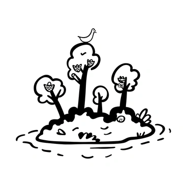 A small island depicted in the middle of a wide river, covered with lush greenery. Several trees with thick trunks and broad leaves stand tall on the island. Birds are shown nesting in the branches, with intricate nests made of twigs and leaves. The flowing river surrounds the island, with gentle ripples accentuating its presence. The scene conveys a sense of nature and tranquility.