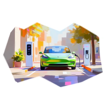 An electric car in a sleek, modern design moves silently as it executes a parallel parking maneuver in a designated eco-friendly zone. The car is a vibrant shade of green, symbolizing its sustainable nature. Surrounding the vehicle are well-maintained plants and greenery, enhancing the eco-friendly atmosphere. A nearby sign, clearly marked, reads "Eco-Friendly Zone" in bold letters. The pavement is clean and lined with environmentally conscious features like solar panels and charging stations for electric vehicles. The scene is set in a bustling urban environment, with a hint of city buildings in the background.