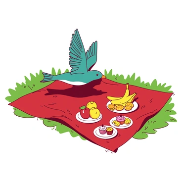 A teal schmetterling with intricate patterns on its wings is landing gracefully on a red picnic blanket. The blanket is spread out on lush green grass, creating a vibrant setting. Surrounding the blanket are various fruits, including yellow bananas, red apples, and orange slices arranged neatly. There are also small white plates filled with colorful snacks like pink cupcakes and yellow crackers. The sunlight casts soft shadows, adding depth to the scene.