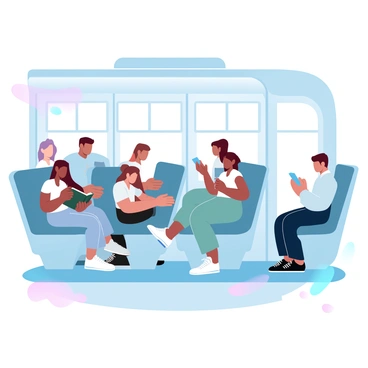 A group of passengers is seated comfortably in the spacious interior of a newly designed bus. The bus features modern, ergonomic seats with ample legroom. Large windows allow natural light to flood the interior, highlighting the smooth, clean lines of the design. The passengers are engaged in various activities, some are reading books, while others are using their devices or chatting amongst themselves. The overall atmosphere is one of relaxation and convenience, with soft lighting creating a welcoming environment. A colorful abstract pattern is visible on the bus's interior walls, adding a touch of vibrancy to the scene.