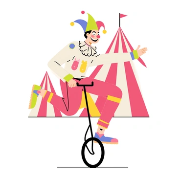 A joker from an old-timey circus wearing a colorful jester hat with bells. The joker has a big smile and face painted with bright colors. He is riding a unicycle with one foot on the pedal and the other leg extended for balance. His costume features bold red and yellow striped tights. The joker's shirt is adorned with multicolored patches and ruffles at the collar. In the background, a circus tent with red and white stripes is visible, adding to the carnival atmosphere.