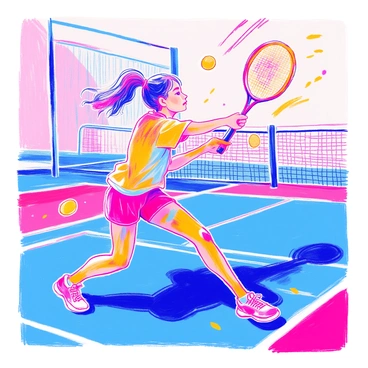A badminton player in mid-action is positioned on a court, wearing a sporty outfit that includes a short-sleeved shirt and shorts. The player has a focused expression while swinging a racket overhead. The shuttlecock is in motion, leaving behind distinct "vibrant trails of speed" that illustrate its trajectory through the air. The player's feet are firmly planted on the court, and the background features blurred lines indicating the speed of the movement, along with the net visible in the distance.