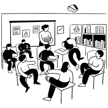 A classroom filled with students seated at desks, each one looking attentive. A lecturer stands at the front of the room, holding a stack of handouts in one hand while reaching out to give them to students. Papers are being passed from the lecturer to eager hands. The walls of the classroom are lined with educational posters, and there are bookshelves filled with books in the background. Desks are arranged in neat rows, and some students have notebooks open, ready to take notes. A large whiteboard is behind the lecturer, with notes and diagrams written on it.