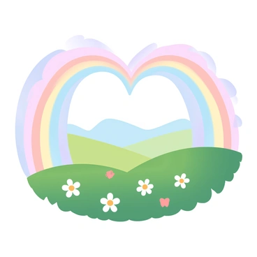 A heart-shaped rainbow arches gracefully over a vibrant green field. The sky is filled with soft, gradient pastel colors blending from pink to blue. Below the rainbow, the field is dotted with colorful wildflowers swaying gently in the breeze. In the distance, gentle hills rise, providing a serene backdrop to the enchanting scene. The sunlight casts a warm glow over the entire landscape, creating a tranquil atmosphere.