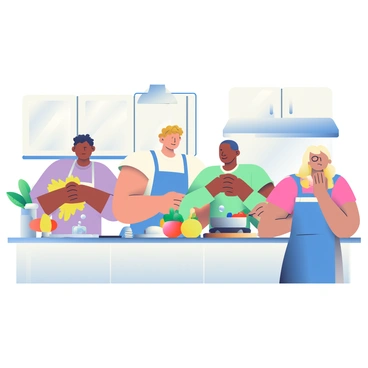 A spacious kitchen with modern appliances and white cabinets is filled with activity. In the center, a person with dark skin and short hair is chopping vegetables on a wooden cutting board. Next to them, a person with light skin and long blonde hair is stirring a pot on the stove, wearing a blue apron. To the left, a person with medium skin and curly hair is washing dishes in the sink, surrounded by bubbles and dish soap. Another person with tan skin and shoulder-length hair is drying a plate with a yellow dishcloth. Fresh herbs and colorful fruits are on the countertop, creating a lively and collaborative atmosphere.
