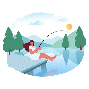 Marie is sitting on a wooden dock extending over a tranquil lake. She has long flowing hair and is wearing a light summer dress. In her hands, she holds a fishing rod, poised to catch a fish. The sun is shining brightly, casting warm light across the scene. Surrounding the lake are lush green trees reflecting in the calm water. In the distance, soft hills rise gently against the clear blue sky. A few fluffy clouds drift lazily above, completing the peaceful atmosphere.