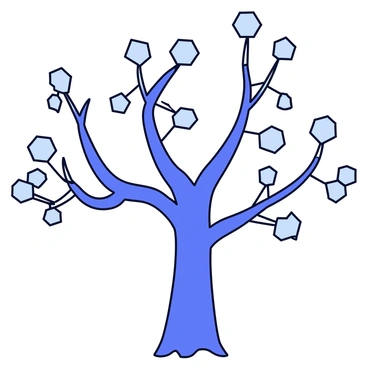 A tree with a trunk and branches composed entirely of interconnected carbon molecules, resembling a geometric structure. The trunk is thick and has a hexagonal pattern, extending upwards with multiple branches that split into smaller hexagonal and pentagonal formations. The leaves are represented as small clusters of carbon atoms, with each cluster forming a distinct geometric shape. The background is minimal, emphasizing the unique structure of the carbon molecule tree.