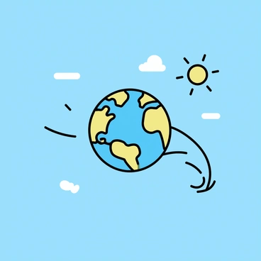 A globe depicting the continents and oceans is soaring in a clear blue sky. The globe is attached to a long, thin string, resembling a kite, fluttering gently in the wind. There are a few wispy clouds scattered across the sky, enhancing the sense of openness. The sun is shining brightly, illuminating the vibrant colors of the globe.