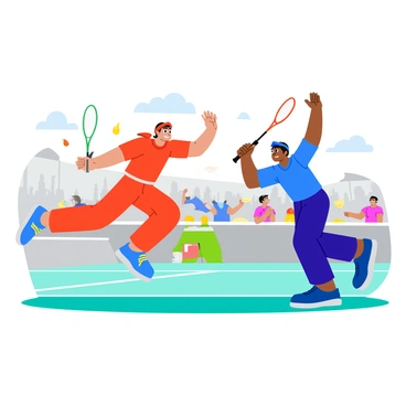 An illustration of a legendary badminton match between two famous players, capturing their signature moves.