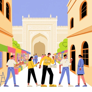 A guided heritage walk through the old city of Ahmedabad showcasing intricate buildings. The scene features a diverse group of tourists following a knowledgeable guide. The guide holds a map and points towards a grand, ornately carved stone building adorned with detailed patterns. Surrounding the building are colorful market stalls with vibrant textiles and handcrafted items for sale. The streets are lined with traditional wooden windows and balconies, reflecting the architectural style of the region. A clear blue sky provides a bright backdrop, enhancing the historical charm of the old city.