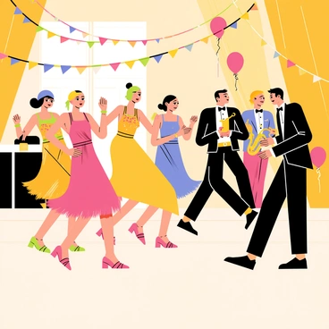 A lively 1920s jazz party scene. The floor is filled with people dancing energetically. A group of women in colorful flapper dresses adorned with fringe and sequins twirl gracefully. Men in sharp black and white suits with bow ties move rhythmically alongside them. A jazz band is positioned in the corner, with a saxophonist and a trumpeter playing. Streamers and balloons in vibrant colors hang from the ceiling, adding to the festive atmosphere. The lighting is warm, creating an inviting glow that enhances the excitement of the party.