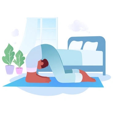 A person is kneeling on a soft yoga mat next to their bed, performing a gentle cat-cow stretch. The individual is wearing comfortable loungewear, and their hands are placed on the mat while their back arches gracefully. Natural light streams in through a nearby window, casting soft shadows on the floor. A cozy bed is visible in the background, with a neatly made blanket and fluffy pillows. A few potted plants are positioned around the room, adding a touch of greenery to the morning scene. 
