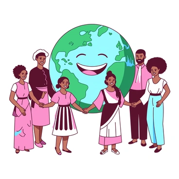 A group of individuals from different cultures is standing together, smiling and holding hands around a large, smiling globe representing Earth. The globe is vibrant with detailed features such as continents and oceans. Each person is dressed in traditional attire that reflects their unique cultural backgrounds. The scene emphasizes unity and diversity, with joyful expressions on each face as they stand together, illustrating a sense of harmony.