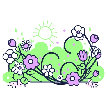 A polynomial curve is formed by a continuous arrangement of various flowers and vines intertwined. The flowers include roses, daisies, and tulips, each blooming in distinct shapes, colors, and sizes, creating a dynamic and flowing line. The vines gracefully weave around the flowers, providing a natural structure to the curve. In the background, the garden is filled with lush greenery, and the sun casts soft light, creating a warm atmosphere. Scattered throughout the garden, there are patches of soil visible, supporting the vibrant flora.