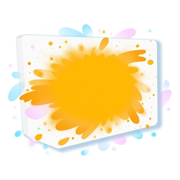 A vibrant splash of turmeric powder is depicted, creating a dynamic burst of "yellow" on a textured canvas. The powder is shown in mid-air, with particles scattering and swirling around, enhancing the sense of motion. The canvas has a subtle background featuring soft gradient pastel colors, complementing the bright yellow. The edges of the splash are crisp, while the center radiates outward, forming a visually striking contrast against the canvas.