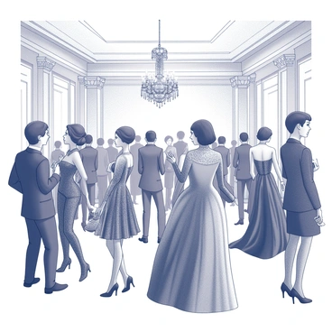 A grand ballroom filled with elegantly dressed attendees. The scene showcases individuals wearing opulent, avant-garde outfits characterized by intricate designs and luxurious fabrics. Some outfits feature dramatic silhouettes with layered textures, while others include unique accessories that add to their distinctive styles. The atmosphere exudes sophistication as guests mingle, showcasing their extravagant attire. Chandeliers hang from the ceiling, casting ambient light over the meticulously decorated setting, enhancing the overall opulence of the event.